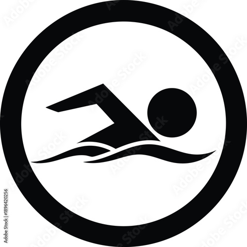 Black swimmer enclosed in a black circular border on a white background swimming