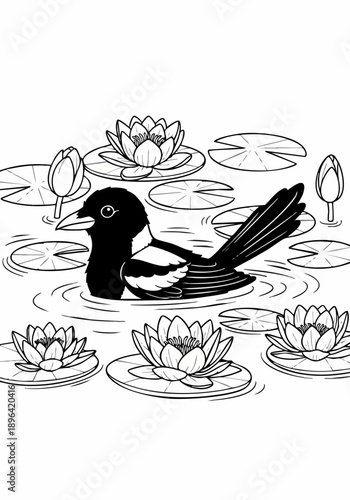 Magpie swimming in a pond with water lilies.