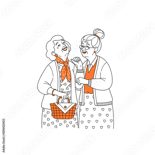 Two elderly women talking and shopping minimal vector