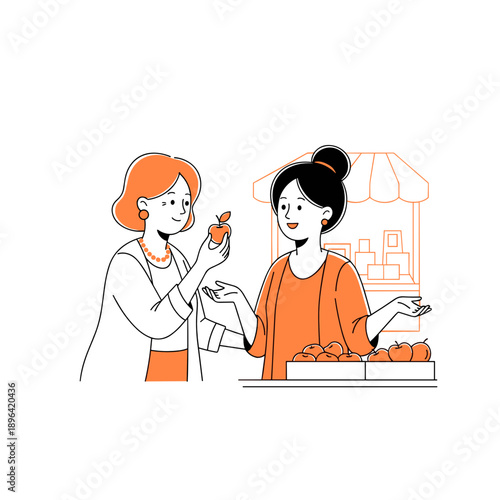 Two women choosing fruits at market minimal vector