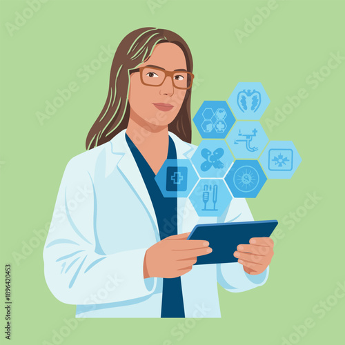 Female doctor holding tablet with medical woman healthcare