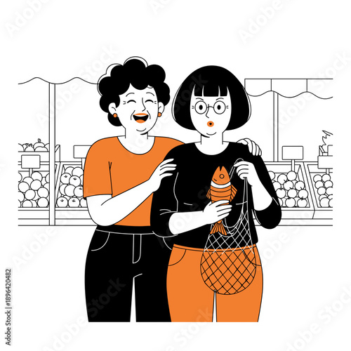 Two funny women at the market. One of them is buying fish, and the other is laughing. Vector illustration