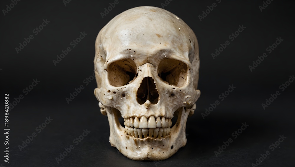 Obraz premium Full human skull with a neutral expression against black background