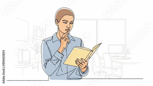 Young man reading a book with a thoughtful expression.