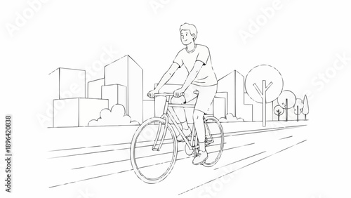 Young man riding a bicycle on a city street sketch.