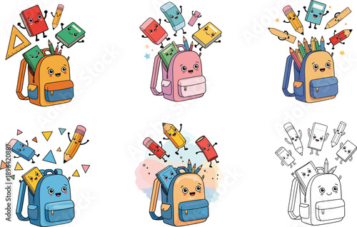 Cartoon School Backpacks with Happy Faces and Jumping Supplies – Fun Vector Set for Kids, Education, Stationery, and Coloring Pages