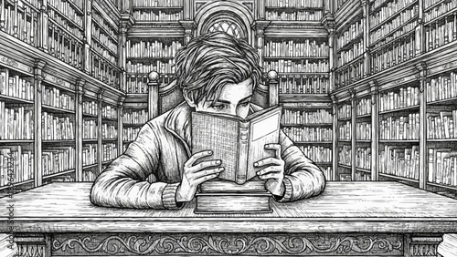 Young man reading a book in a library.