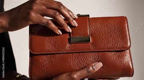 Wallpaper Mural Elegant brown leather purse product showcase featuring dark-skinned hands with manicured nails Torontodigital.ca