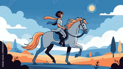 Young person rides a white horse through a scenic landscape.