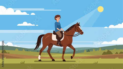 Young person riding a brown horse in a sunny field.