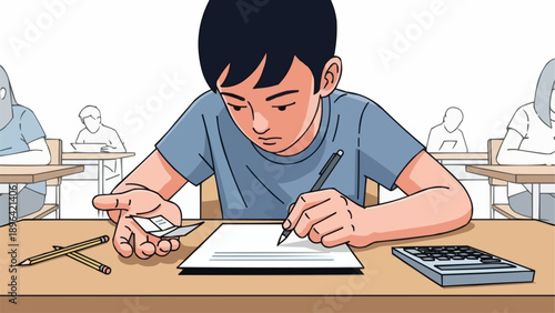 Young student focused on writing test paper with pen and calculator.