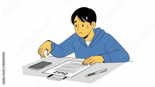 Young student looking stressed while taking a quiz.