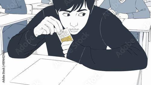 Young student secretly eating candy during class lesson.