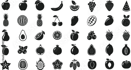 Variety of fresh fruits in simple black icons