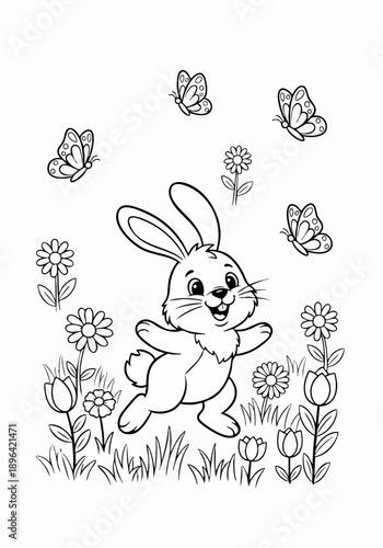 Happy playful bunny rabbit hopping in a field.