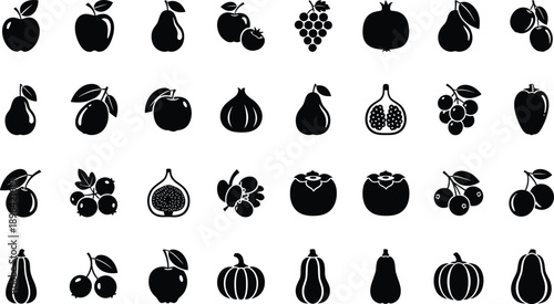 Variety of fresh fruits in simple black icons