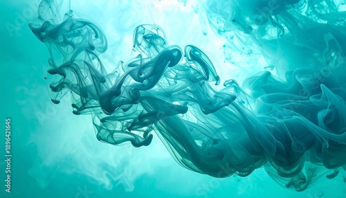 Swirling white smoke or ink diffusing in turquoise liquid, creating intricate organic tendrils and dynamic motion.