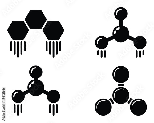 Black Icons of Molecular Structures and Hexagons with Propulsion Lines