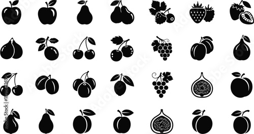 Collection of various black fruit icons on white background
