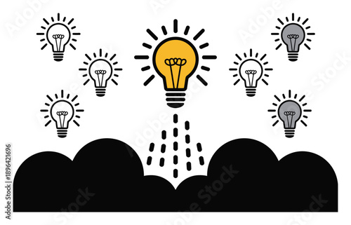 Bright Idea Bulb Ascending from Clouds, Symbolizing Innovation and Creativity