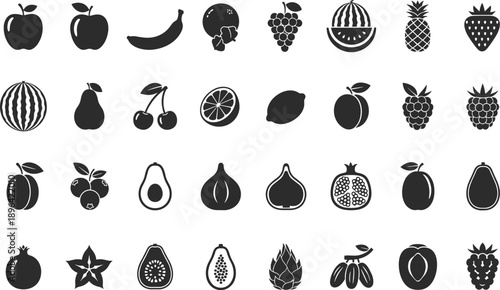Variety of fresh fruit icons in black and white