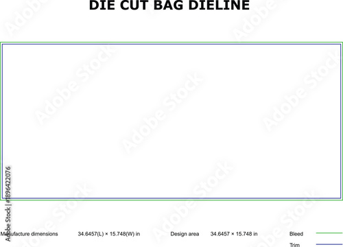 A technical diagram of a die cut bag dieline template with measurements