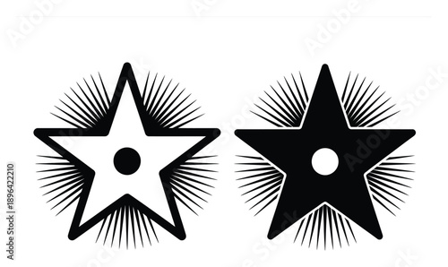 Two stylized five-pointed stars, one white and one black, with radiating lines