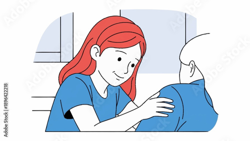 Young woman comforting older person with gentle touch.