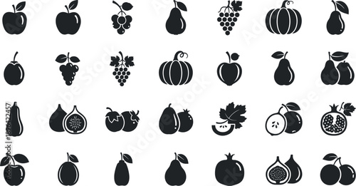 Variety of fresh fruits in simple black icons