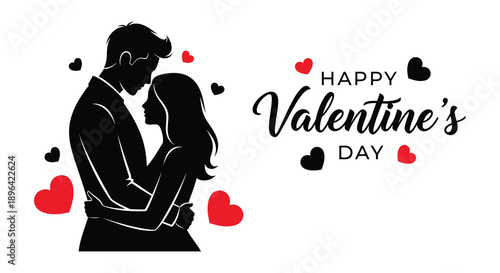 A silhouette of a couple embracing surrounded by red hearts with a valentine s day greeting high quality professional