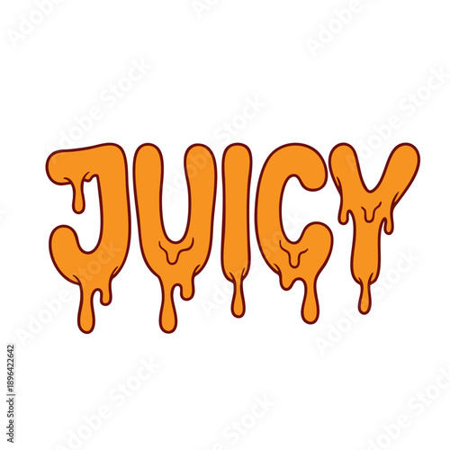 Hand-drawn dripping typography illustration of the word “Juicy” in yellow. Playful expressive lettering symbolizing tasty food, sweetness, and appetite.