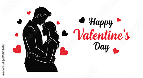 A silhouetted couple embraces tenderly surrounded by floating hearts with a vibrant happy valentine s day greeting high quality