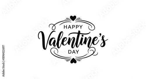 A decorative black and white illustration displays the text happy valentine s day with heart motifs and ornate flourishes