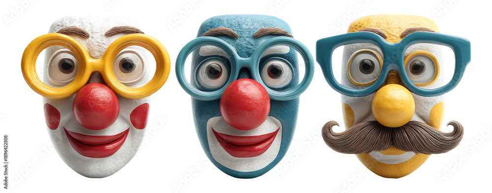 Fototapeta premium Whimsical Clown Faces with Distinctive Glasses and Cheerful Expressions