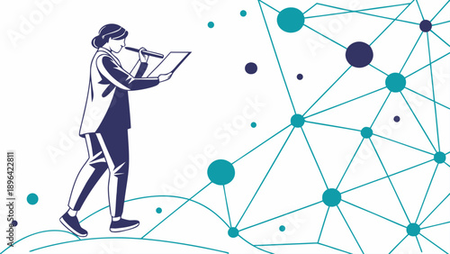 Woman Using Laptop in Futuristic Network Environment