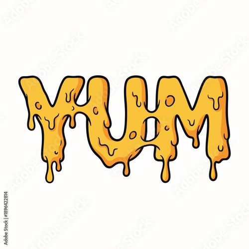 Hand-drawn dripping typography illustration of the word “Yum” in yellow. Fun expressive lettering symbolizing tasty food, sweetness, and appetite. Perfect for food branding and playful designs.