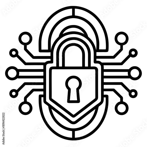 Digital Security Shield Icon with Circuit Lines and Fingerprint Pattern