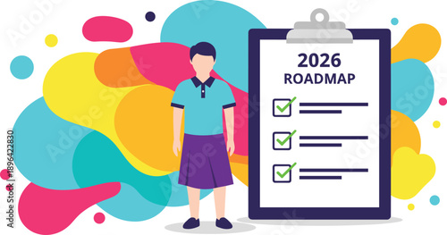 Flat vector illustration of a young professional woman standing next to a 2026 roadmap clipboard for business strategy planning goals and future milestones