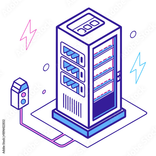 Isometric Illustration of Server Rack with Network Cable and Power Symbols