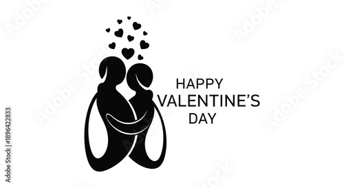 A stylized black silhouette depicts a couple embracing surrounded by hearts and text reading happy valentine s day