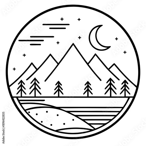 Minimalist Night Scene with Mountains, Forest, and River in Circular Frame