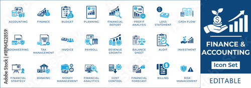 Finance and accounting icon set featuring budget planning, financial reporting, bookkeeping, tax management, revenue growth, cash flow, audit, and investment analysis symbols.
