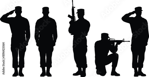 Vector illustration of soldier silhouettes—symbols for military posture, discipline, training, combat readiness, armed forces, defense, honor, and tactical action