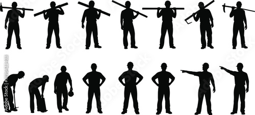 Construction worker silhouette set showing various poses with tools, helmets, pointing gestures, isolated black figures for industrial labor concepts and workforce design