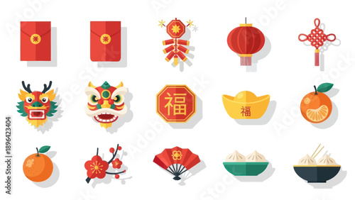 Chinese New Year Icons: Dragon, Lantern, Firecrackers, Red Envelopes, Dumplings, Oranges