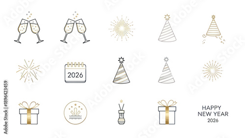 New Year's Eve Celebration Icons: Champagne, Fireworks, Party Hats, Gifts, Calendar