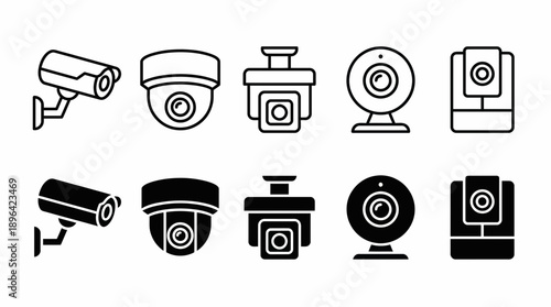 Vector icon set showing 10 different types of security and surveillance cameras in line and glyph style, concept for digital security systems, video monitoring software and network device design