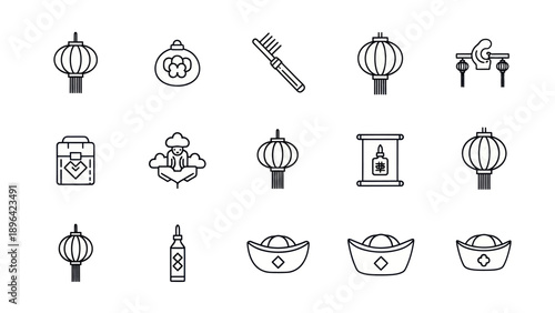 Chinese New Year Icons Set: Lanterns, Gold Ingots, Gift Box, Toothbrush, Bottle