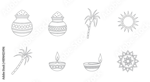 Pongal Festival Icons: Pot, Sugarcane, Sun, Lamp, Kolam Outline Vector Set