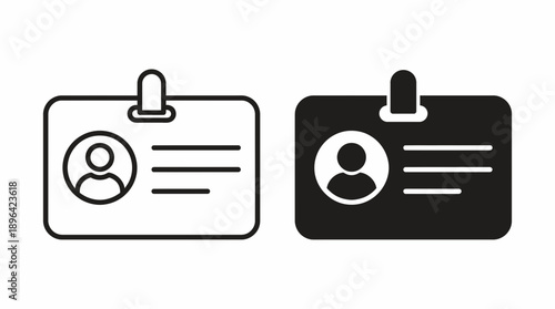 Black and white ID badge icon set in outline and solid fill styles for identification, concept for user authentication, employee identification and access control systems